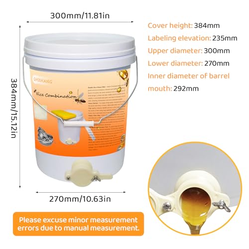 Honey Bucket 5 Gallon Beekeeping Supplies-Honey Gate & Stainless Steel Double Sieve Honey Strainer Honey Filter Bag Uncapping Tank Holder Honey Harvesting Equipment Beekeeping Kit (5 PCS/Set) | Leakproof plastic spigot|Dual stainless filter|Drawstring nyl