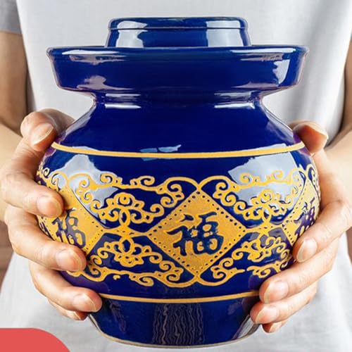 Large Ceramic Pickle Jar with Lids, Blue Traditional Chinese Porcelain Pickle Jar,Ceramic Fermentation Crock with Water Seal Airlock Lid,Sauerkraut Crock for Picklin 2kg (2kg - size: 2kg