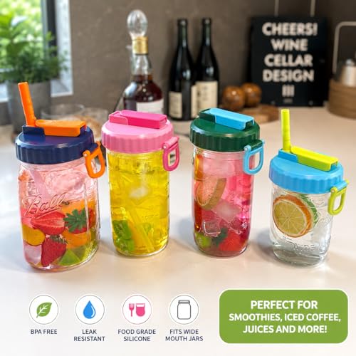 ORIGINAL CREATOR - DIPESI 4 Pack Wide Mouth Mason Jar Drinking Lids, Leak-Proof Covers for Drinking or Storage, Mason Jar Lids with Straw Fits Mason Jars