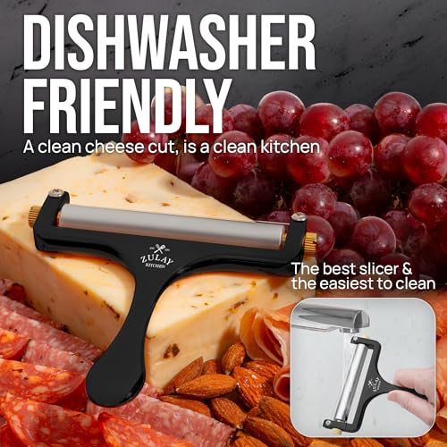 Zulay Kitchen Stainless Steel Wire Cheese Slicer - Adjustable Hand Held Cutter with 2 Extra Wires - Premium Cheese Shaver For Mozzarella, Cheddar, Gruyere - Black - color: Matte Black