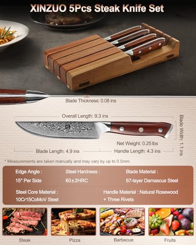 XINZUO 5Pcs Steak Knives Set, Non Serrated Dinner Knives with Drawer Knife Holder,67-layer Damascus Steel Kitchen Knife with Rose Wood Handle, Acacia Wood Knife Block - size: 4.9"