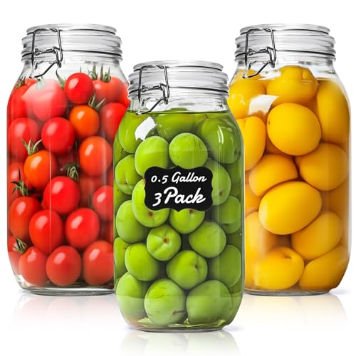 ComSaf 71oz Glass Canisters with Airtight Clamp Lids (Set of 3), 2.1L Large Fermentation & Pantry Jars for Bulk Food Storage, Ideal for Flour, Sugar, Sourdough Starter, and Pickling - 2.2 Quart - size: 71oz*3
