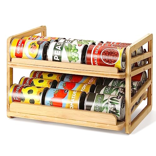 Yumkfoi Rolling Bamboo Can Organizer Rack, Stackable Double-Layer Can Organizers and Storage For Pantry, Canned Goods Holder Dispenser For Countertop Kitchen Cabinet or Pantry Shelf - style: For 24 cans with rolling filling design