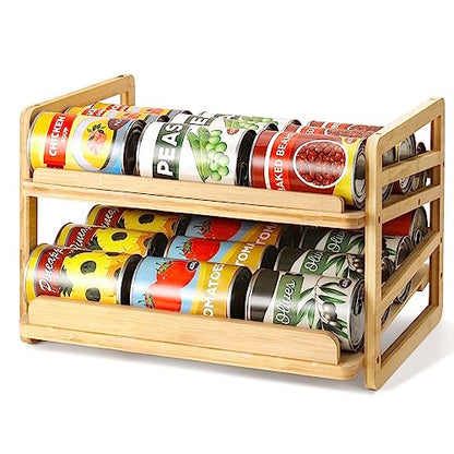 Yumkfoi Rolling Bamboo Can Organizer Rack, Stackable Double-Layer Can Organizers and Storage For Pantry, Canned Goods Holder Dispenser For Countertop Kitchen Cabinet or Pantry Shelf - style: For 24 cans with rolling filling design