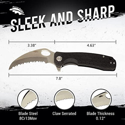 Honey Badger Pocket Knife, EDC Claw Hawkbill Folding Utility Knife, EDC Knife with Stainless Steel Blade, Claw Pocket Knives, Reversible Pocket Clip - 3.4" (Claw Serrated Large Black) - color: Large Claw Serrated Black