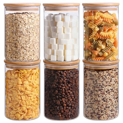 ComSaf Glass Storage Containers wtih Lids 1 Qt, Set of 6 Food Storage Jars | Round Glass Jars With Bamboo Lids, Kitchen Canisters 32oz, Pantry Organizers, Tea, Spice, Coffee, Dry Food Storage, BPA Free