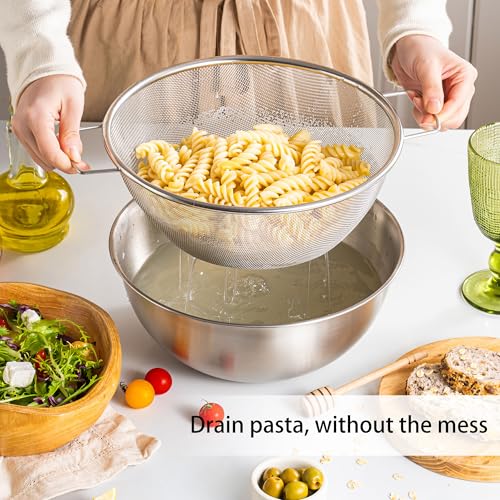 304 Stainless Steel Rice Washing Bowl and 40 Mesh Strainer Set, 3.5QT | 40-mesh strainer helps prevent grain loss while measurement marks and sturdy handles make rinsing and draining easier. - color: true