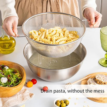 304 Stainless Steel Rice Washing Bowl and 40 Mesh Strainer Set, 3.5QT | 40-mesh strainer helps prevent grain loss while measurement marks and sturdy handles make rinsing and draining easier. - color: true