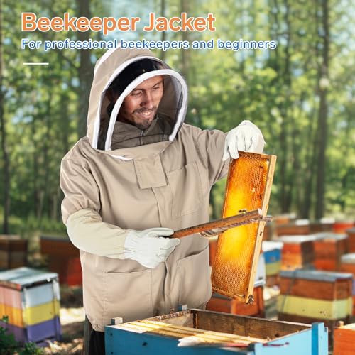 Bee Suit - Beekeeping Jacket for Men & Women - Beekeeper Jacket with Beekeeping Gloves and Veil Hood -Shallow Coffee - size: XX-Large
