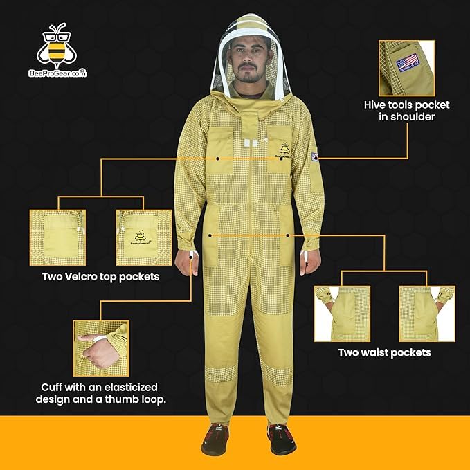3-Layer Ultra Ventilated Mesh Beekeeping Suit for Men & Women with Veil Sting-Proof Bee Suit with Leather Gloves & Bag - color: Brown F, size: 3X-Large
