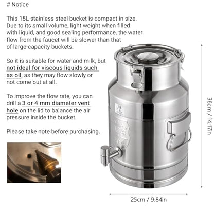 15L/4gal Milk Can with Spigot - 304 Stainless Steel Water Dispenser Food Storage Container for Liquid & Dry Goods, Wine Pail Bucket Metal Tote Jug for Kitchen, Farm - size: 15L/4gal