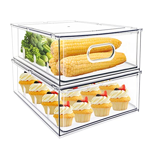 MANO 2Pack Clear Fridge Drawers Pull Out Stackable Refrigerator Drawer Organizer Bins Pantry Storage Box Plastic Food Containers for Kitchen Bathroom Office Closet (X-Large) - style: 2L