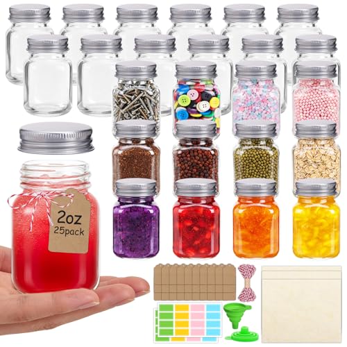 25 Pack 2 oz Mason Jars with Silver Lids, Small Glass Jars for Ginger Shots | Perfect Mini Jars for Spices, Honey, Jam, Jelly, Candy, Sauce, Salad Dressing, Candle, Wedding Favors and DIY Crafts - color: Clear-2oz-25