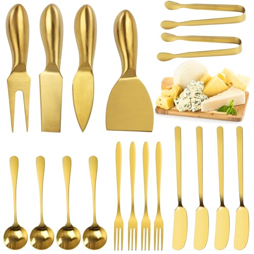 18 pieces Charcuterie Board Accessories, Gold Stainless Steel Cheese Knives, Butter Knife Spreader, Appetizer Forks, Mini Serving Tongs Spoons for Gathering Wedding Birthday... - color: Gold