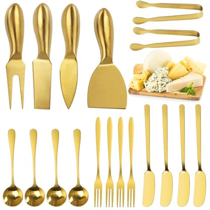 18 pieces Charcuterie Board Accessories, Gold Stainless Steel Cheese Knives, Butter Knife Spreader, Appetizer Forks, Mini Serving Tongs Spoons for Gathering Wedding Birthday... - color: Gold