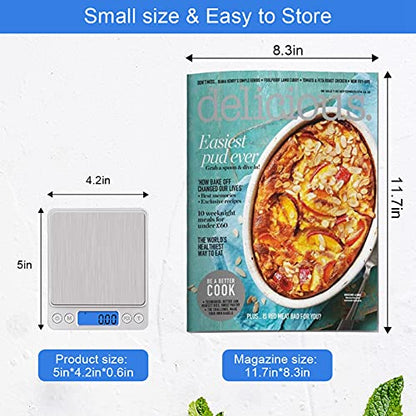 UNIWEIGH Digital Kitchen Scale, 500g/0.01g Gram Scale,Cooking Food Scale Digital Weight Grams and OZ with LCD Display, Digital Jewelry Coffee Scale with 2 Trays,Auto Off, Tare，Stainless Steel - size: 500G