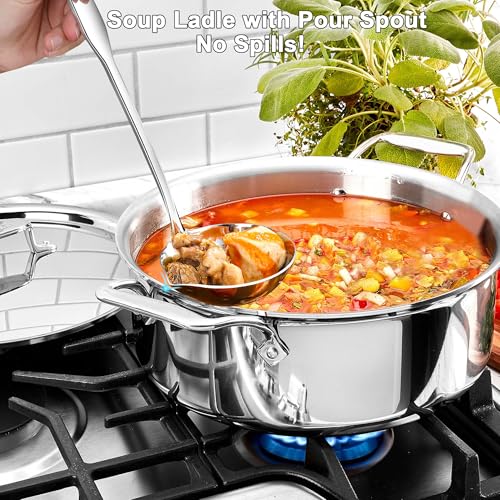 KAYCROWN Stainless Steel Ladle, Soup Ladle with Pour Spout, 11.8 Inches, Cooking Ladle for Serving Soups, Gravy and More, Integral Forming, Rustproof, Heat Resistance (1Pc)