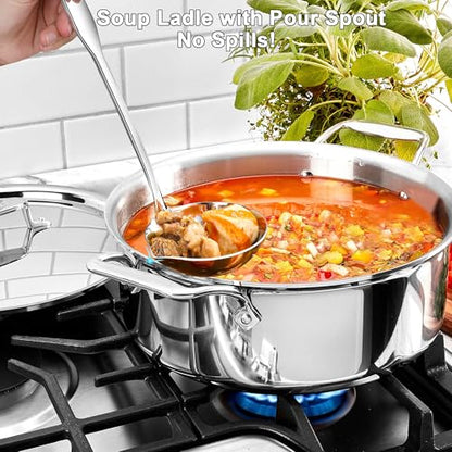KAYCROWN Stainless Steel Ladle, Soup Ladle with Pour Spout, 11.8 Inches, Cooking Ladle for Serving Soups, Gravy and More, Integral Forming, Rustproof, Heat Resistance (1Pc)