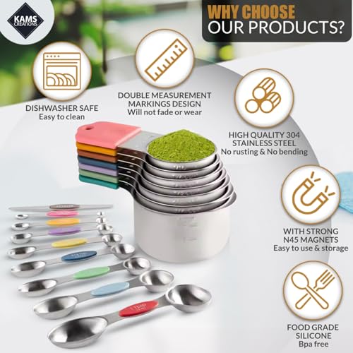 Stainless Steel Magnetic Measuring Spoons Set & Cups 16PCS - Double Sided Measuring Spoons, Stackable Measuring Spoons & Cups with Leveler - Premium Metal Measuring Spoons
