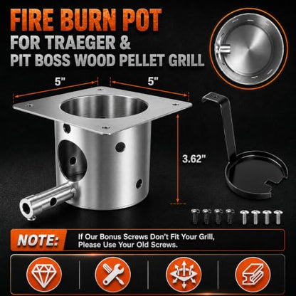 304 Stainless Steel Fire Burn Pot Replacement Parts for Traeger, Pit Boss Pellet Grills, Pellet Grill Replacement Parts for Traeger Pro 22/34, Camp Chef, Z Grills, Fire Pot with Ash Remover & Screws - size: Fits Traeger and Pit Boss Pellet Grills