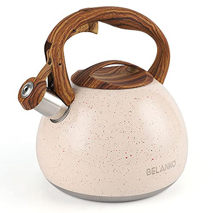 BELANKO 2.7 Quart Tea Kettle for Stovetops - Food Grade Stainless Steel Teapot with Loud Whistle, Cool-Touch Wood Pattern Handle, Rust-Resistant Whistling Kettle - Starry Cream - color: Starry Cream
