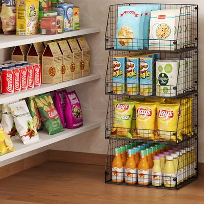 Jakyitvi 4 Pack XXL Stackable Wire Storage Basket, Extra Large Capacity Pantry Organizer and Storage, Muti-Purpose for Vegetable Fruit Basket & Can Organizer & Snack Rack & Metal Pantry Bin - size: 4 Pack