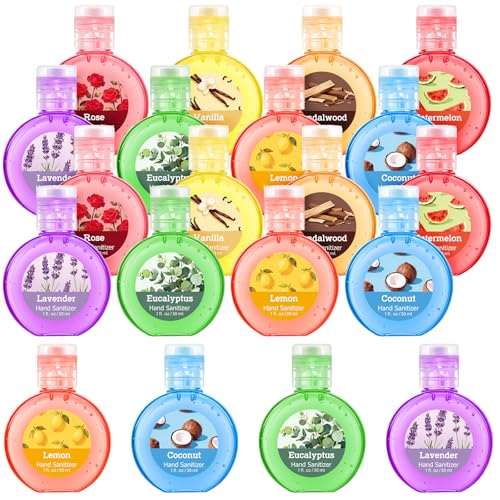 Frienda 24 Pack Anti-bacterial Hand Sanitizer Gel 1 Fl oz Contains 62% Ethyl Alcohol Mini Travel Size Hand Sanitizer Flip Cap Bottles No Rinse Formula Assorted Scents for Family School Office - color: Colorful, style: Fruit and Plant
