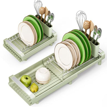 TOOLF Small Dish Drying Rack, Mini Expandable Compact Dish Rack, Slim Extendable Stainless Steel Dish Drainer for Kitchen Countertop, Space Saving Dish Strainer, Soft Celery Green - color: Soft Celery Green