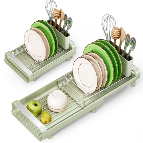 TOOLF Small Dish Drying Rack, Mini Expandable Compact Dish Rack, Slim Extendable Stainless Steel Dish Drainer for Kitchen Countertop, Space Saving Dish Strainer, Soft Celery Green - color: Soft Celery Green