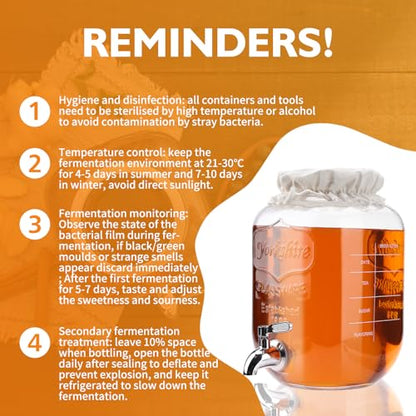 1 Gallon Kombucha Starter Kit, Glass Kombucha Jar with Spigot and Stainless Steel Mesh Filter Fermentation Kit for Home Brewed Kombucha Bottles, Includes Test Strips, Measuring Cups, Cloth Top | 1 Gal kombucha kit for home fermented tea. Spigot, filter &