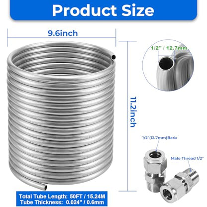 Wort Chiller 1/2" x 50FT, Food Grade 304 Stainless Steel Immersion Chiller Coil, Ice Bath Water Chiller Beer Chiller Water Cooler Tubing Coil for Beer Brewing, with 2PCS 1/2'' Connection Barbs - size: 1/2" x 50 Ft Wort Chiller