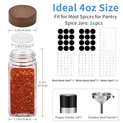Yangbaga Glass Spice Containers for Kitchen: 24P 4oz Square Jars w/2p Rack | Durable Glass Jars for Cooking Enthusiasts- Airtight Acacia lid 500X Open-Close no Loose - Gift/Daily Use for Housewives