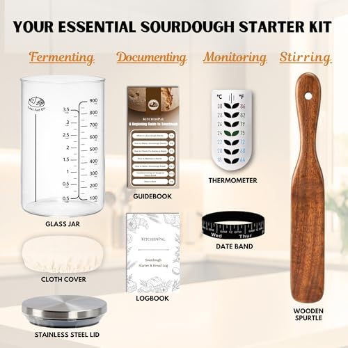 34Oz Sourdough Starter Jar Kit with Date Band, Thermometer & Wooden Spurtle Glass Sourdough Starter Container, Homemade Bread Fermentation Jar Kit