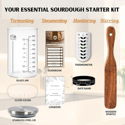 34Oz Sourdough Starter Jar Kit with Date Band, Thermometer & Wooden Spurtle Glass Sourdough Starter Container, Homemade Bread Fermentation Jar Kit