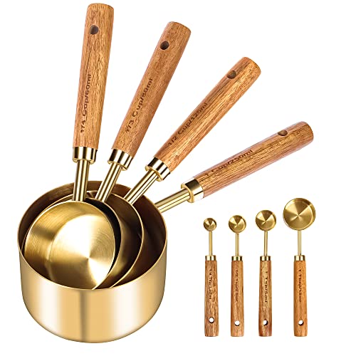 GuDoQi 8Pcs Gold Measuring Cups and Spoons Set, Wooden Handle, Premium Stainless Steel with Metric & US Measurements, Nesting for Dry/Liquid Kitchen/Food/Baking - color: Golden