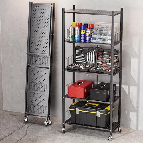 Heavy Duty Folding Shelves No Assembly, 5 Tier Metal Foldable Storage Shelves with Wheels, 220LBS Per Shelf Collapsible Rack for Garage Storage, Black - color: Black/5-tier