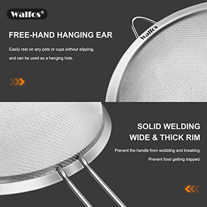 Walfos Fine Mesh Strainer 4PCS, Versatile Kitchen Strainer with Handle - 7", 4.6", 3.15", 2.7" Sieve Fine Mesh Stainless Steel, Metal Strainers and Sifters for Rice, Quinoa, Tea, Cocktail, Juice - size: 7", 4.6", 3.15", 2.7" (4pcs)