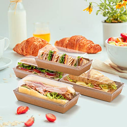 Dicunoy 100 Pack Disposable Sandwich Containers with Clear Lids, Paper Sushi To Go Containers, Rectangle Swiss Roll Cake Boxes for Craft Dessert, Waffle, Cookie, Breads, Pastry, Food Truck Business