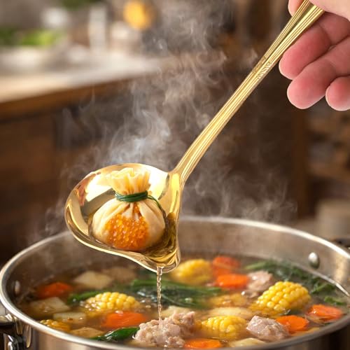 3pcs Sauce Ladle with Pouring Spout, Gold-Colored Stainless Steel Gravy Pour Ladle Spoon Sauce Drizzle Metal Punch Spoon with Spout for Serving Soups Spooning Gravies Dressings Kitchen Utensil