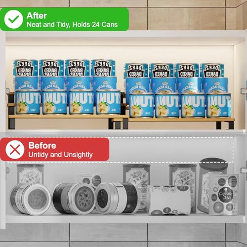 Expandable Bamboo & Iron Can Organizer, 3-Tier Adjustable Pantry Can Rack, Kitchen Cabinet Food Storage Shelf, Easy Access Canned Goods Soda Soup Can Holder, Hold Up to 30 Cans, Black - color: Black