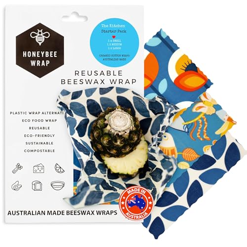 Honeybee Beeswax Wraps - Kitchen Starter Pack - Certified Organic Cotton Beeswax Wrap - Reusable Beeswax Wraps for Food - Plastic Wrap & Sandwich Bags Alternative - 3 Pack - Small, Medium & Large