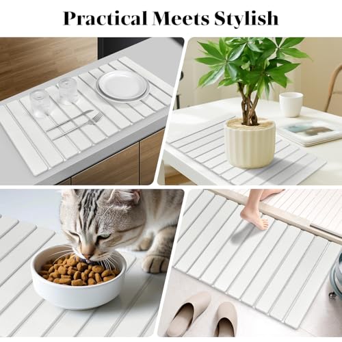 Extra Large Stone Dish Drying Mats for Kitchen Counter, 28"×16" Quick Drying Collapsible Dish Drying Mat, Absorbent Eco-Friendly Diatomaceous Earth Mats for Dishes Bottles, Match Any Countertop【White】