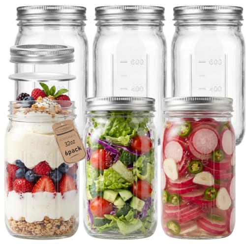 CycleMore Mason Jars 32 oz Wide Mouth, 6 Pack Glass Jars with ml Measurements and Silver Split Lids, Quart Mason Jars for Sourdough Starter, Pickles, Fermenting and Storage - size: 32 oz - 6 Pack
