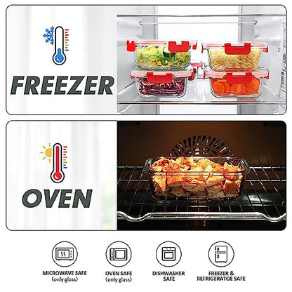 VERONES 12 Packs Glass Food Storage Containers Set, Airtight Glass Lunch Containers, Glass Meal Prep Containers with Lids,Exclusive of BPA, for Microwave, Oven, Freezer & Dishwasher Friendly,Red - color: Red-24