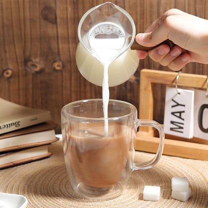 Joeyan 6 oz Glass Measuring Cup with Double Spouts,Clear Borosilicate Espresso Shot Glasses with Wooden Handle,Milk Creamer Frothing Pitcher Barista Coffee Carafe - color: 6 Oz Dual Spouts Clear Measuring Cup