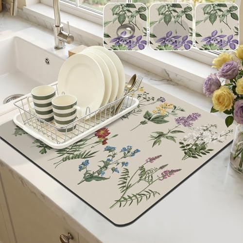 LOKHOM Dish Drying Mat for Kitchen Counter, 16"x18" Absorbent Coffee Bar Mat with Vintage Sage Flower Herbs, Dish Drainer Rack Mat for Kitchen Counter - size: 16" x 18"