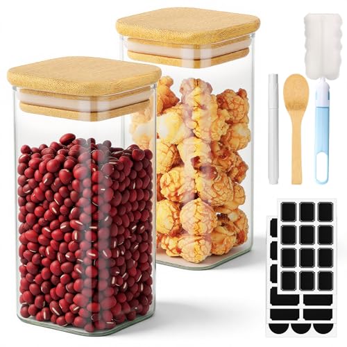 Square Glass Storage Jars, 2 Pack 10 Fl.oz Glass Containers with Bamboo Lids, Wide Mouth Spice Canister with Airtight Lids for Sugar Coffee Tea Candy Cookies - Included Labels, Spoon and Marker - color: 2 Pack, size: 10 fl.oz