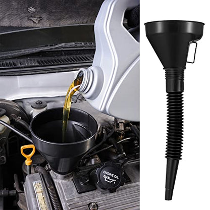 6 Pcs Automotive Funnels Set, Wide Mouth Fuel Funnels, Plastic Long Neck Oil Funnel, Flexible Right Angle Funnel, with Detachable Spout and Filter for Water/Gasoline/Coolant/Engine Oil