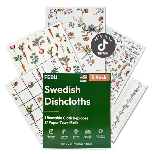 FEBU Swedish Dishcloths for Kitchen | 5 Pack Vintage Kitchen Reusable Paper Towels Washable | Swedish Dish Towels | Non-Scratch Cellulose Sponge Cloths | No Odor, Biodegradable Cleaning Cloths - color: Vintage Kitchen