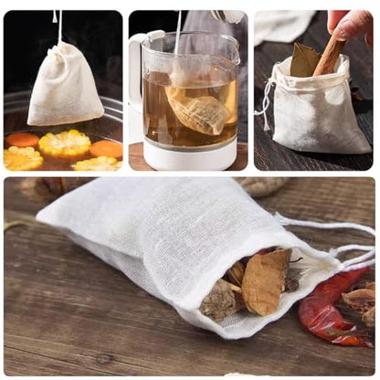 RONYOUNG 60PCS 3”X4” Reusable Drawstring Cotton Tea Bags - Cheesecloth Bags for Straining, Muslin Bags, Sachet Bags, Soup Bags, Coffee Tea Bone Broth Brew Bags